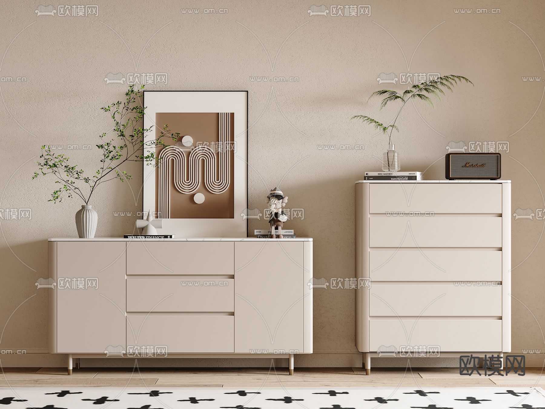 奶油风边柜 斗柜3d模型下载