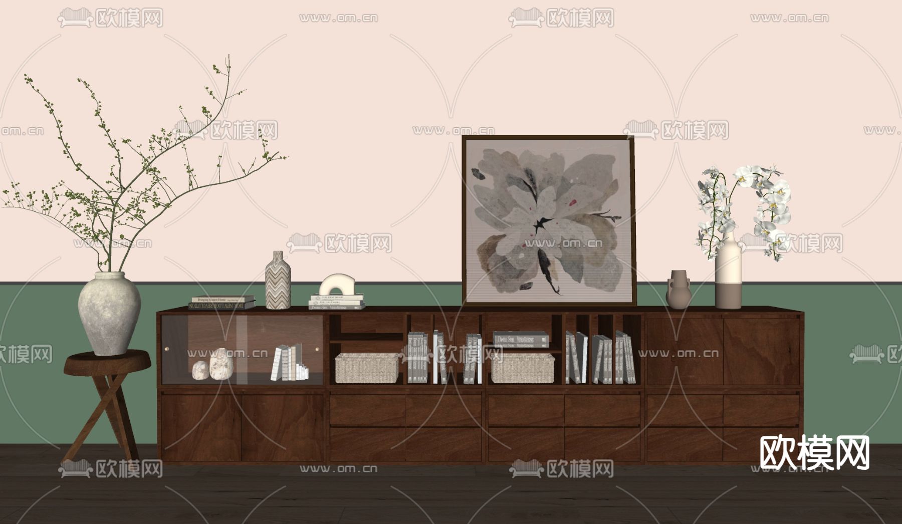 中古风矮柜 书柜 边柜su模型下载（渲染图1）