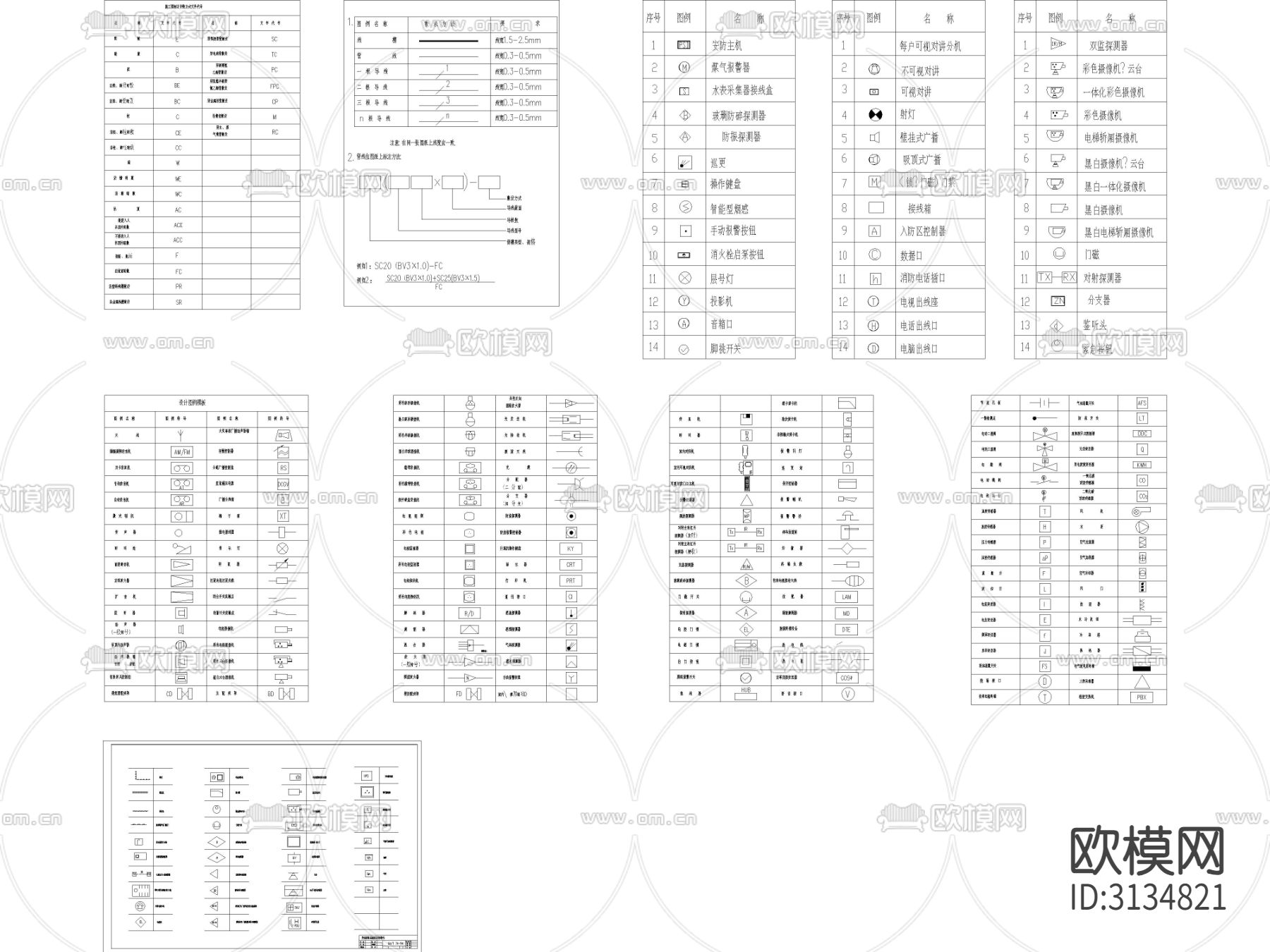 现代安防系统 通用图形符号cad图库下载（渲染图1）