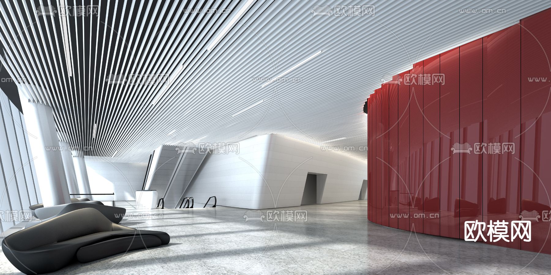 写字楼大堂 办公楼大堂su模型下载（渲染图2）