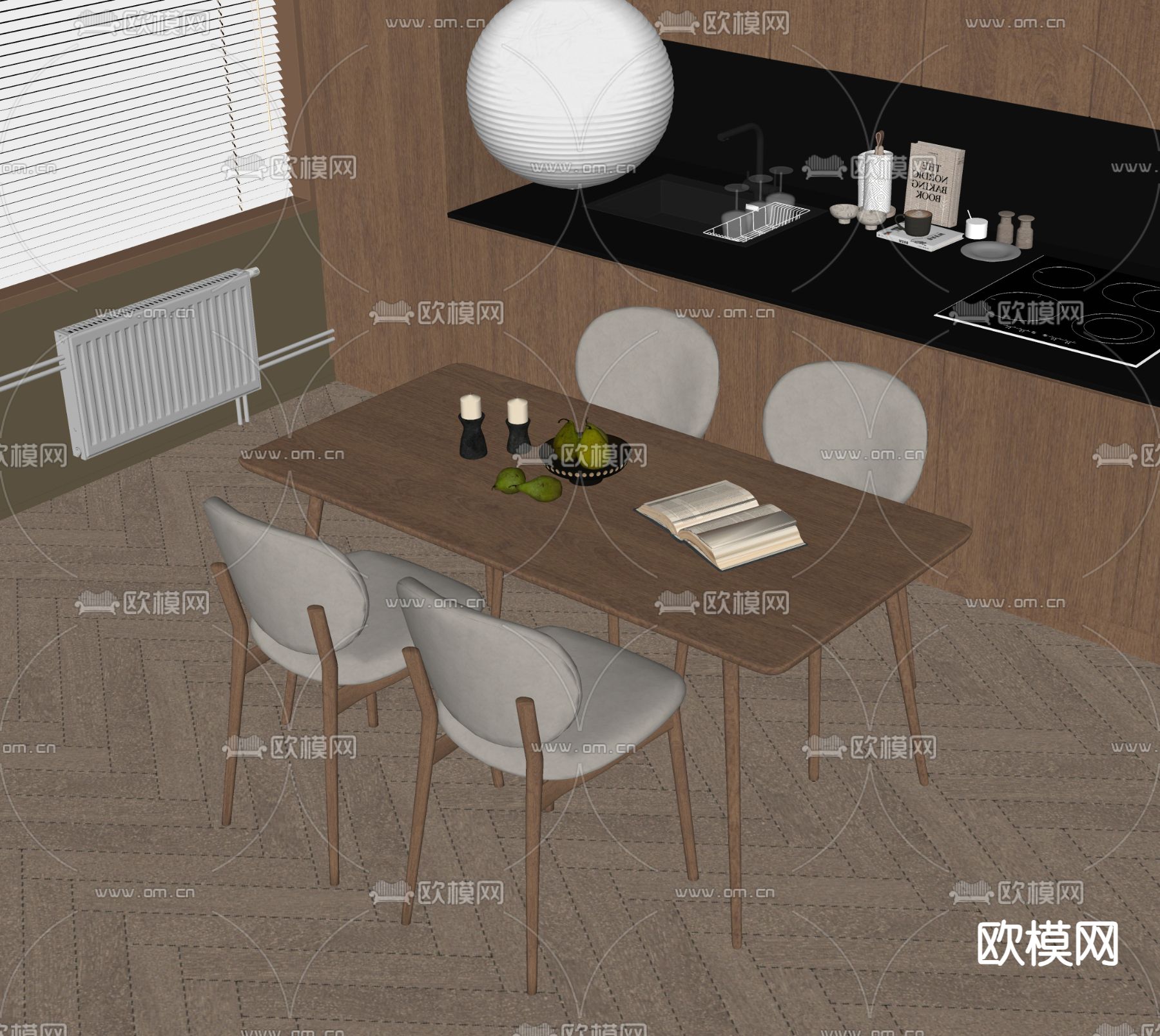 条形餐桌椅 实木餐桌su模型下载（渲染图1）