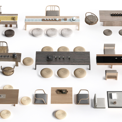 新中式茶桌 榻榻米茶台su模型