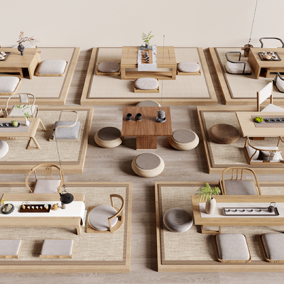 新中式茶桌椅 榻榻米坐垫su模型