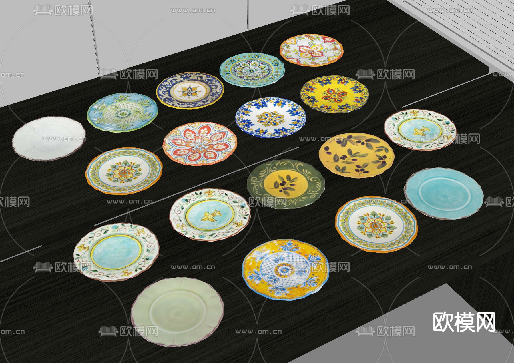 现代餐具 印花盘子 陶瓷盘子 餐盘su模型下载（渲染图1）