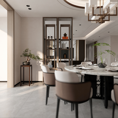 新中式餐桌椅 圆餐桌su模型