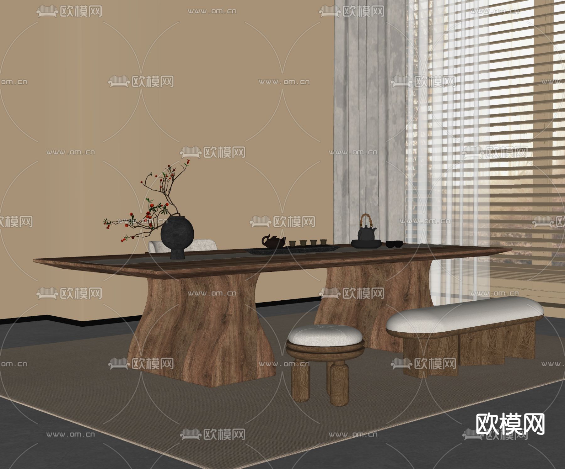 现代茶桌椅su模型下载（渲染图1）