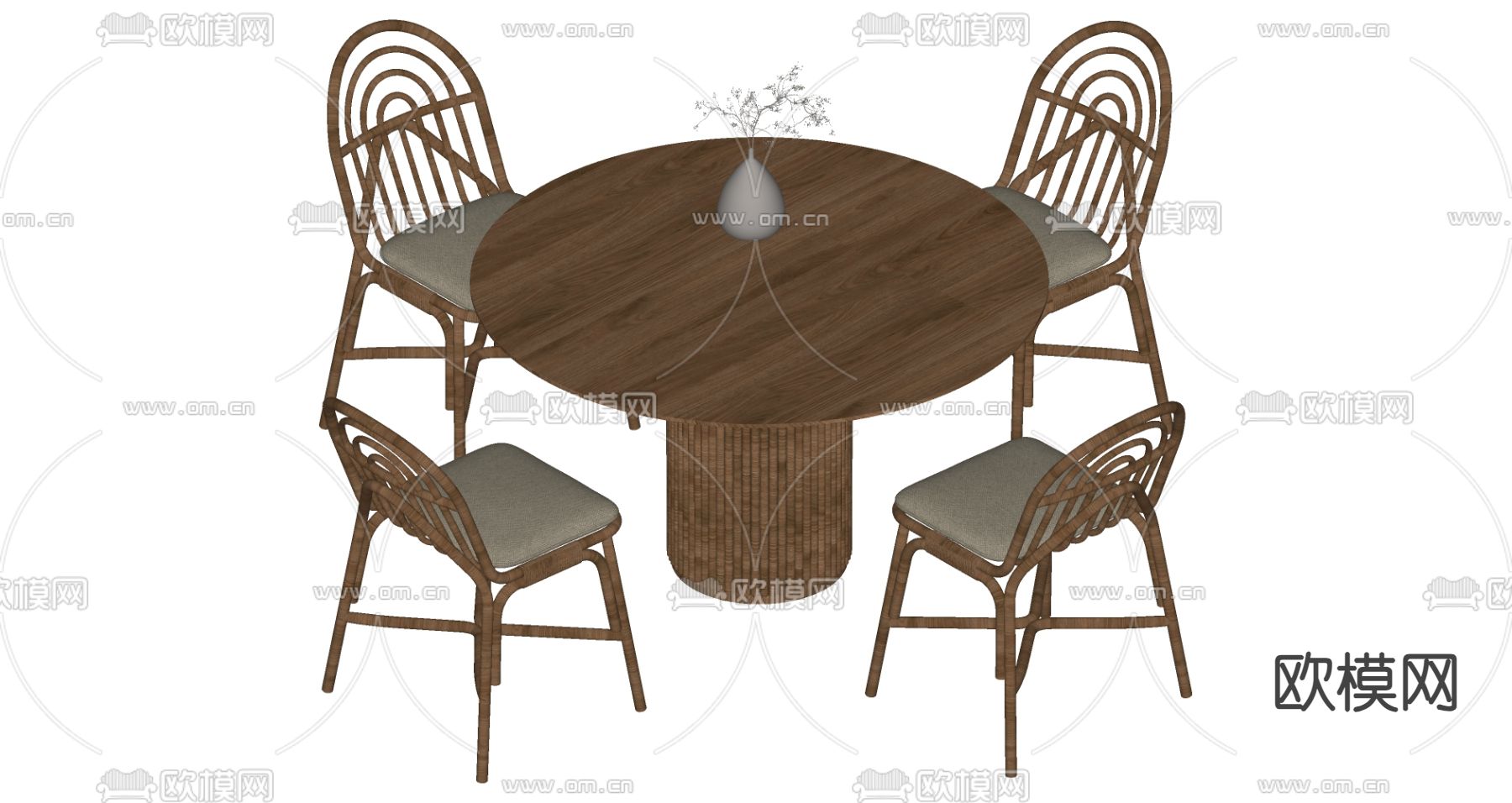 中古风餐桌椅 圆形餐桌su模型下载（渲染图1）