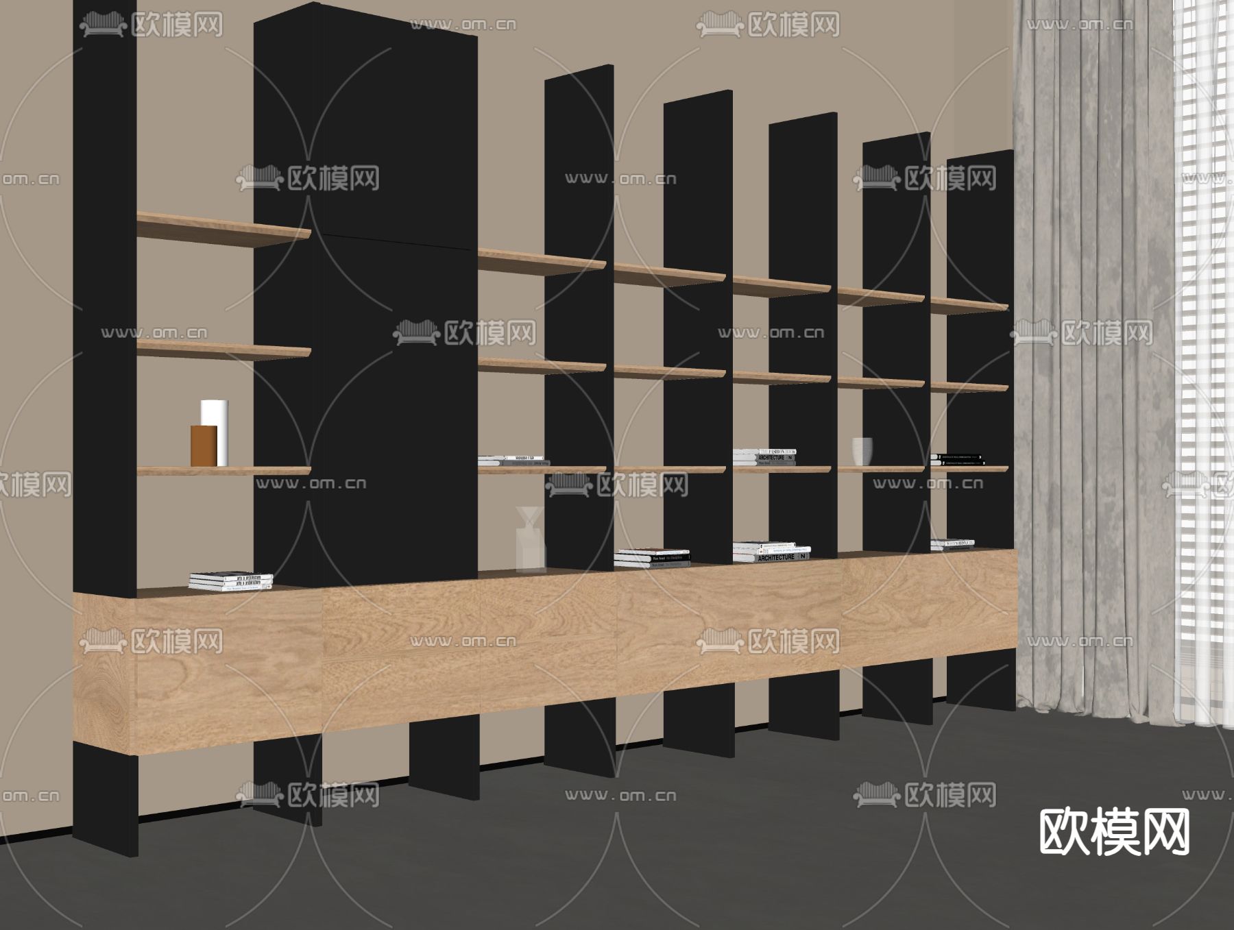 现代书柜 书架su模型下载（渲染图1）
