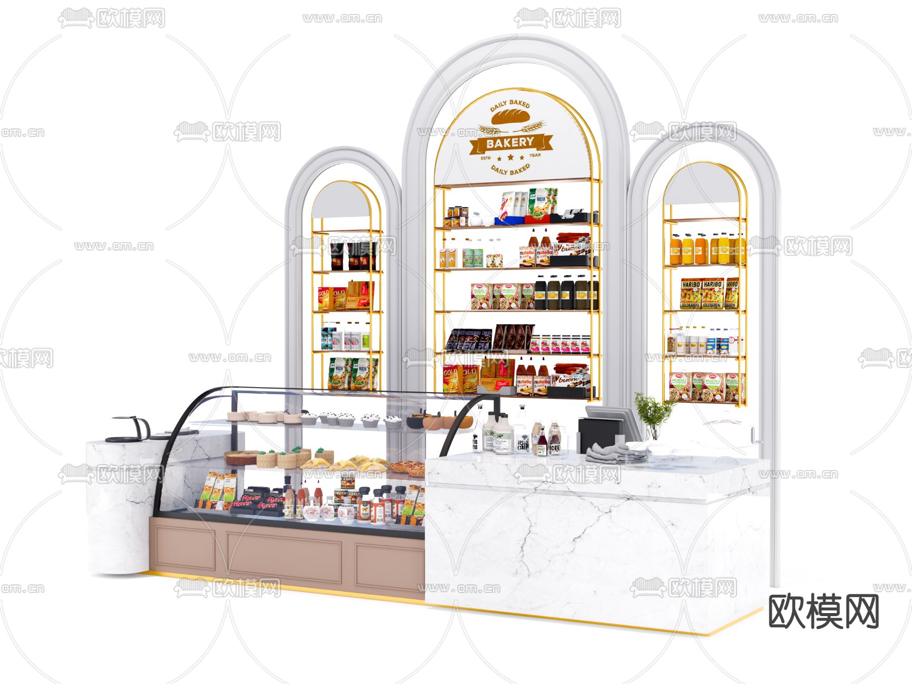 现代面包店 收银台 面包柜 货架su模型下载（渲染图2）
