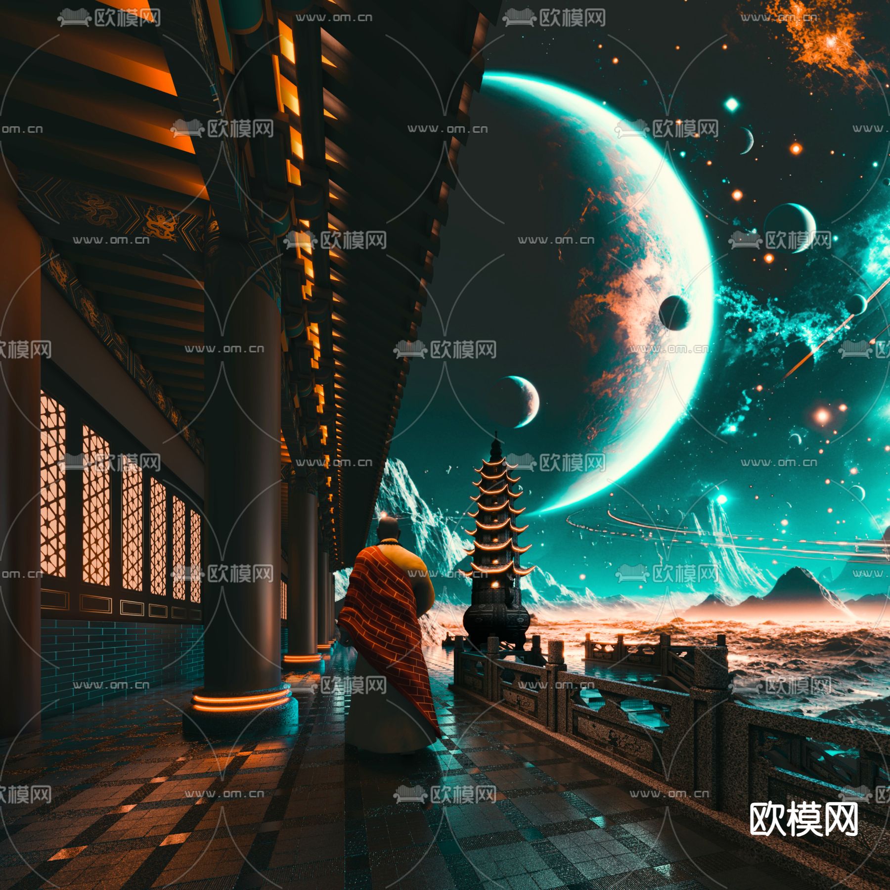 新中式古建 寺庙 大雄宝殿su模型下载（渲染图2）