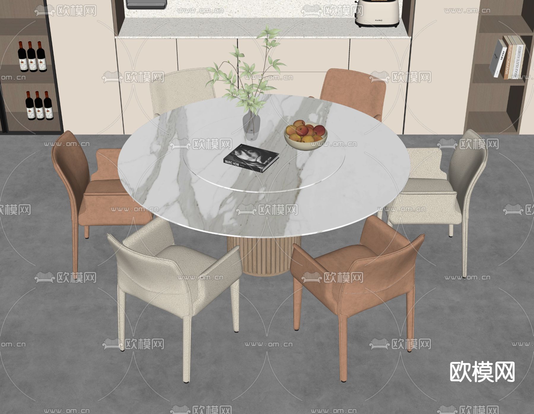 奶油风餐桌椅 圆餐桌su模型下载（渲染图1）
