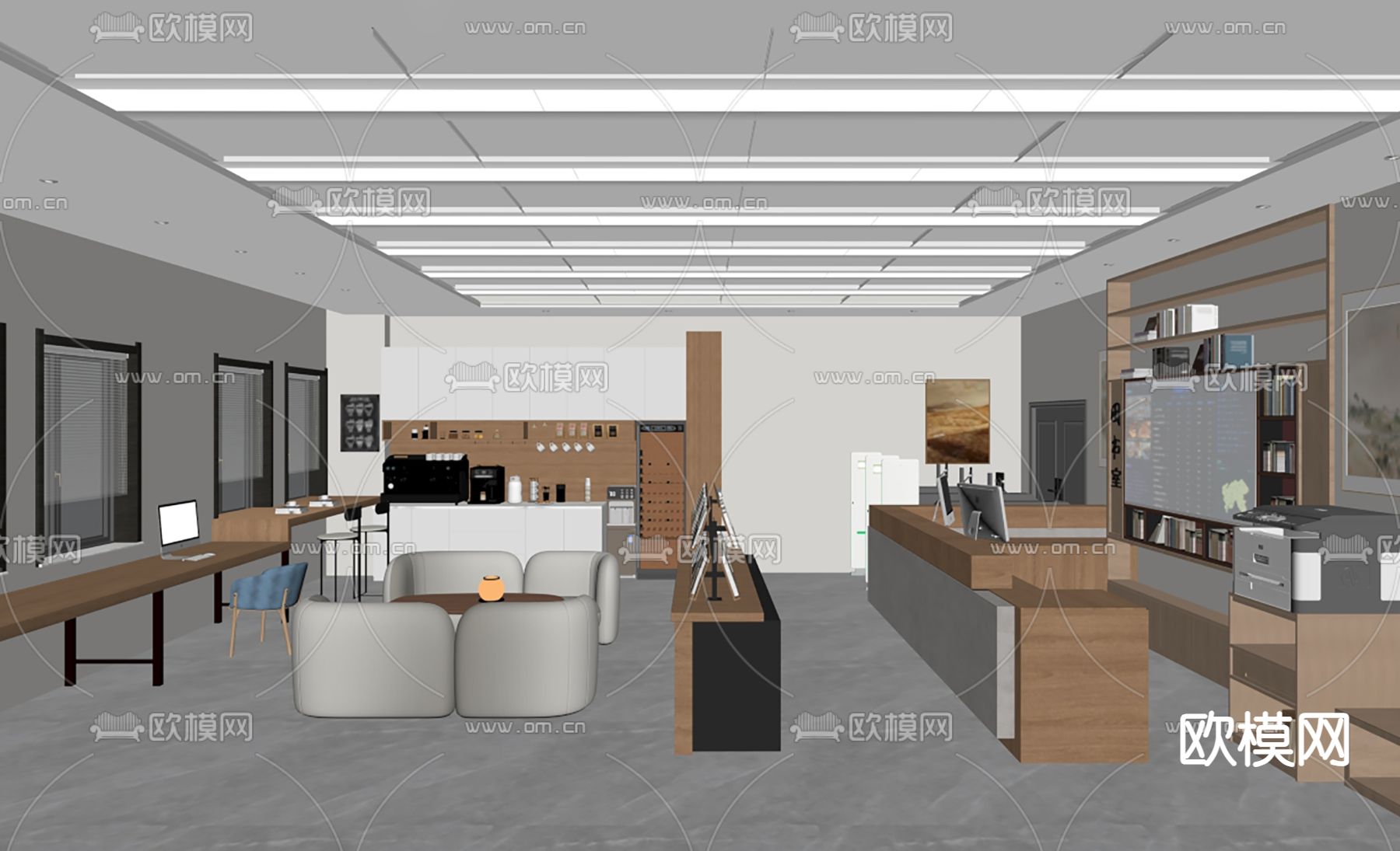 现代书吧  图书馆 阅览室su模型下载（渲染图1）