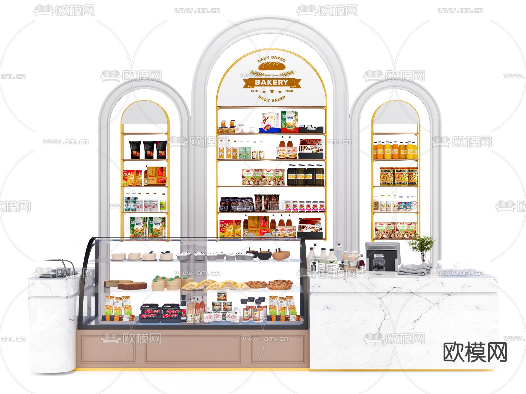现代面包店 收银台 面包柜 货架su模型下载（渲染图4）