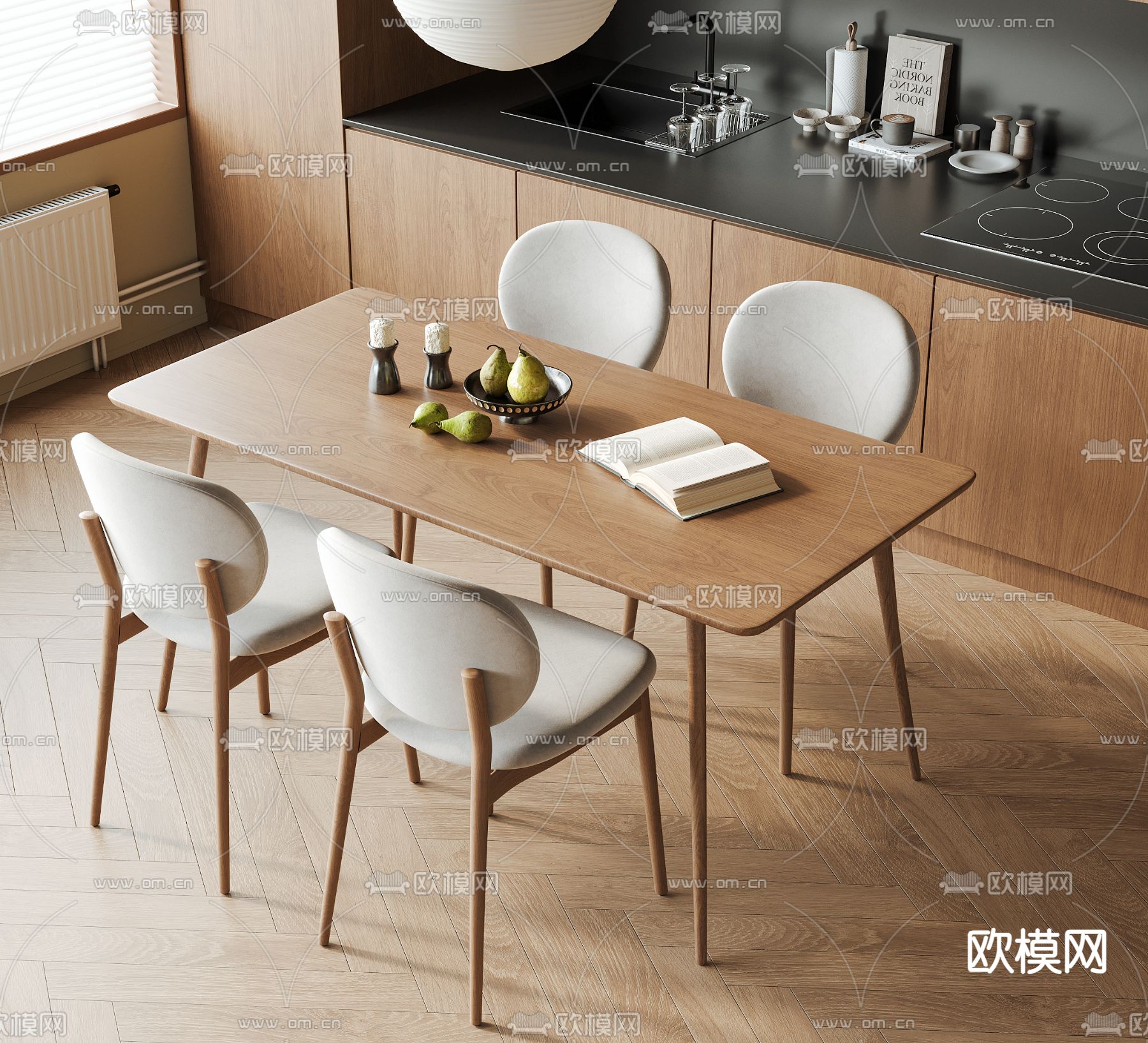 条形餐桌椅 实木餐桌su模型下载（渲染图2）