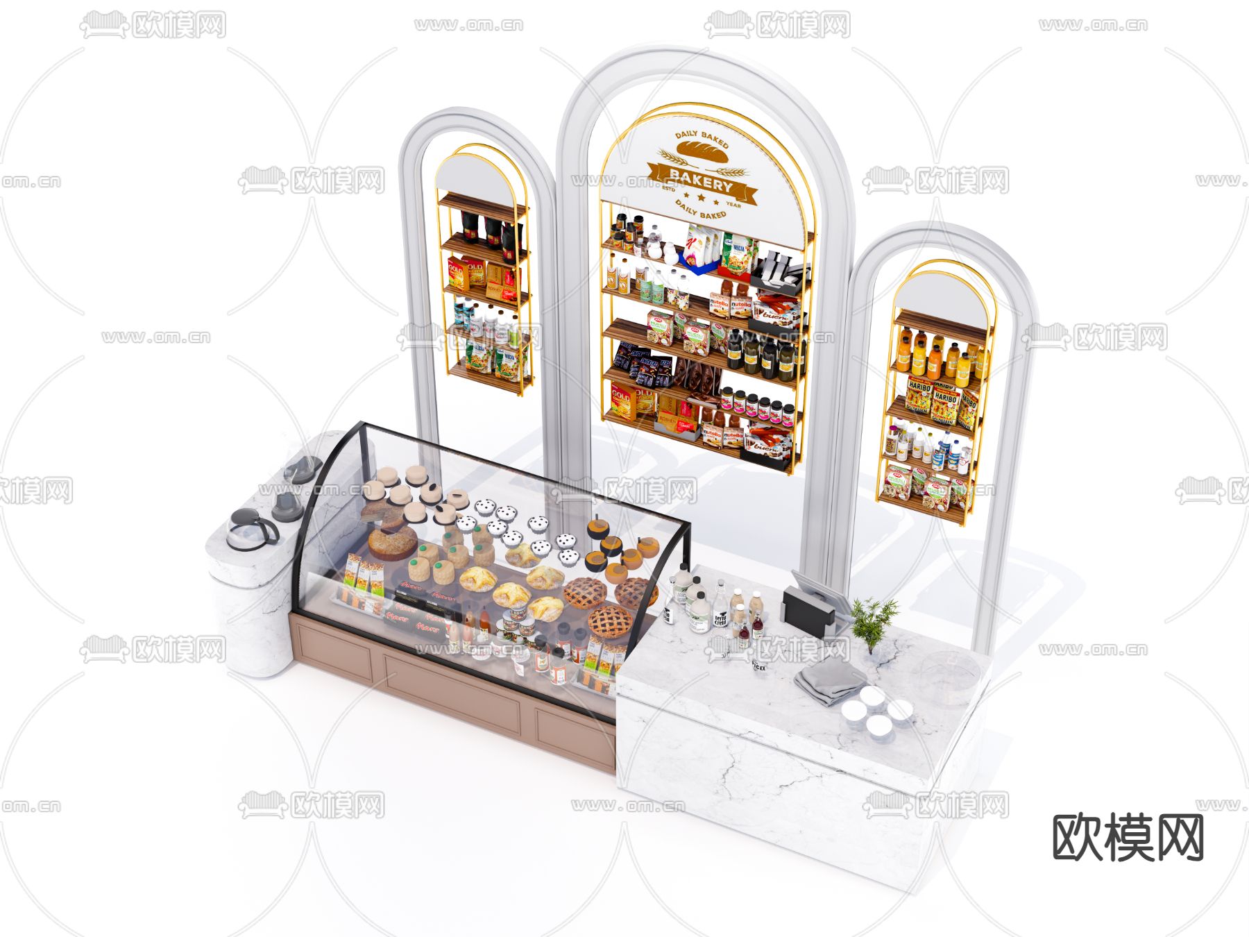 现代面包店 收银台 面包柜 货架su模型下载（渲染图3）