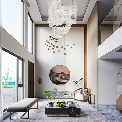  新中式别墅大堂su模型 