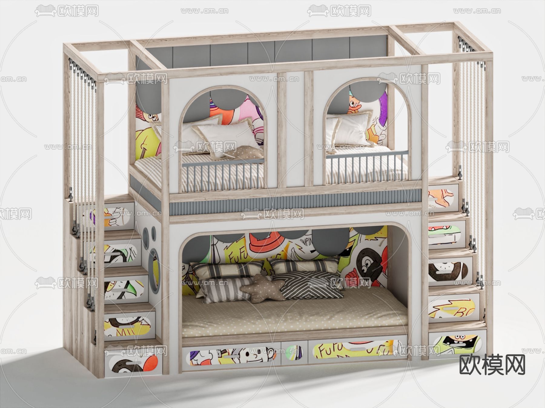现代儿童床 高低床su模型下载（渲染图2）