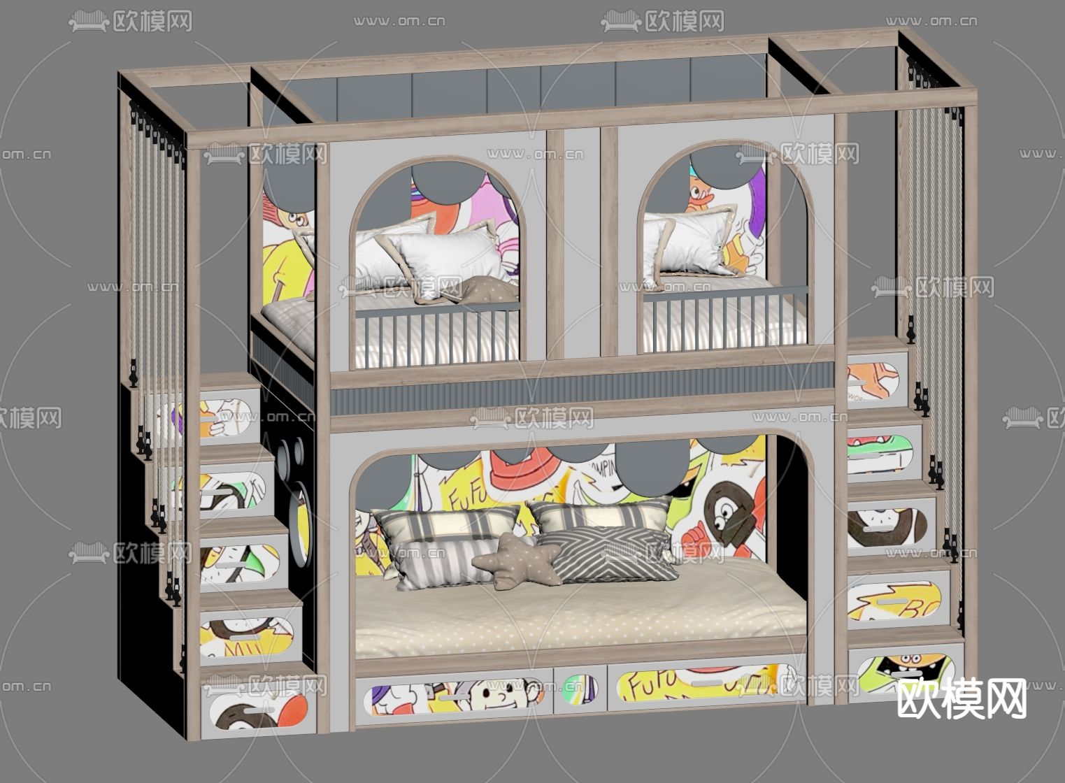 现代儿童床 高低床su模型下载（渲染图1）