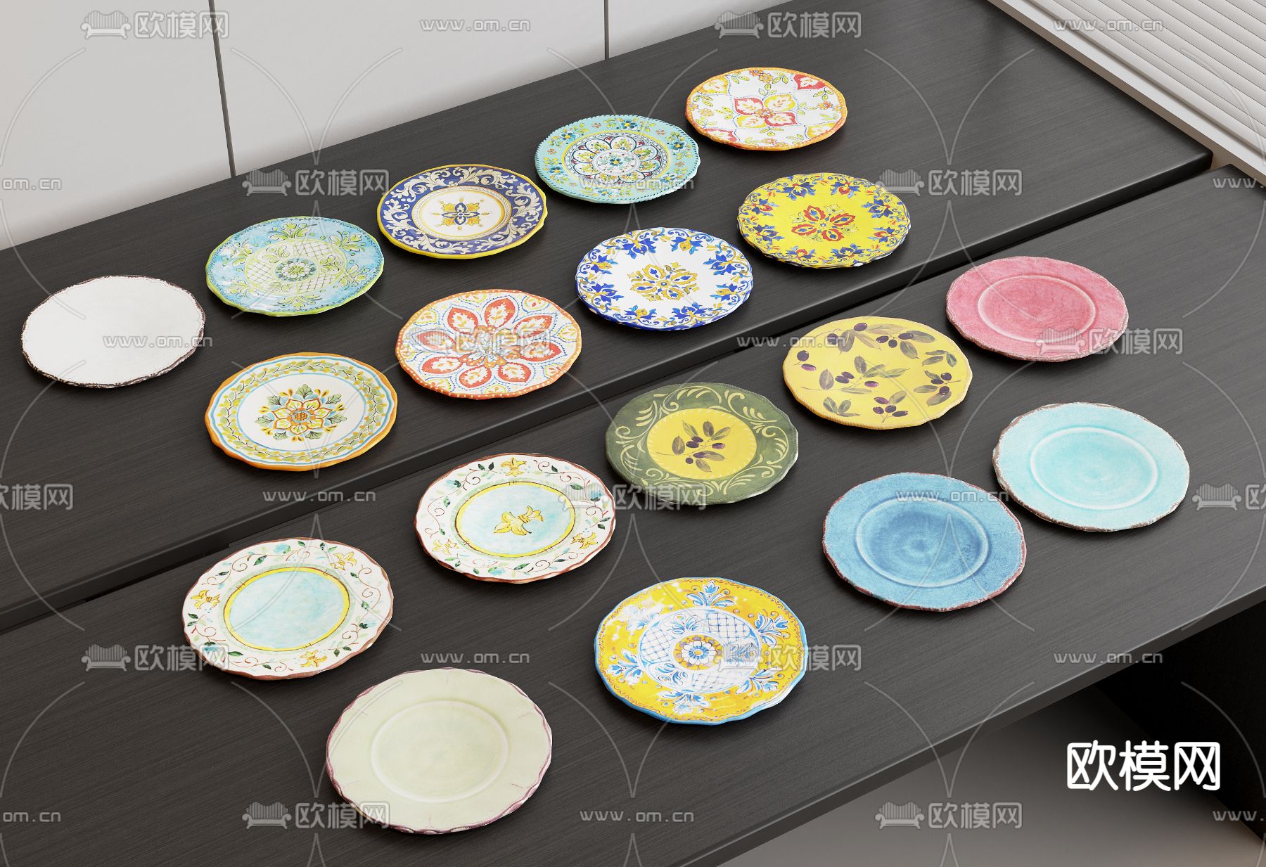 现代餐具 印花盘子 陶瓷盘子 餐盘su模型下载（渲染图2）