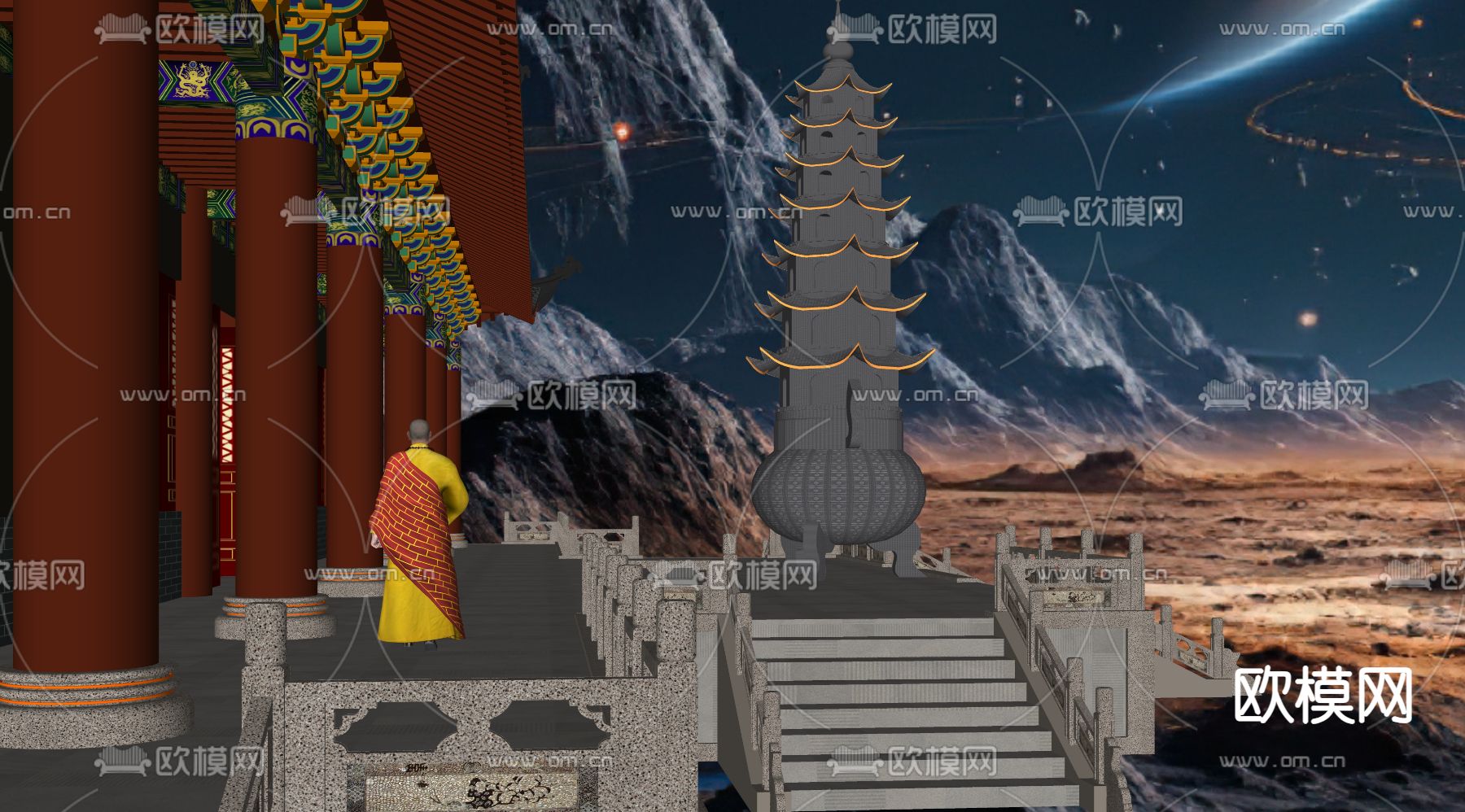 新中式古建 寺庙 大雄宝殿su模型下载（渲染图1）