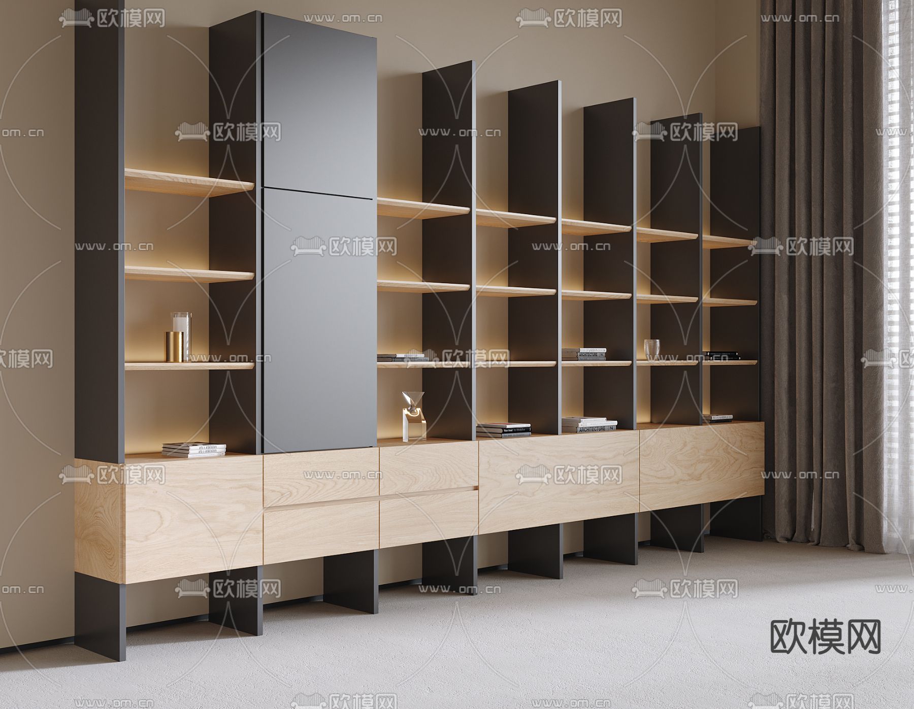现代书柜 书架su模型下载（渲染图2）