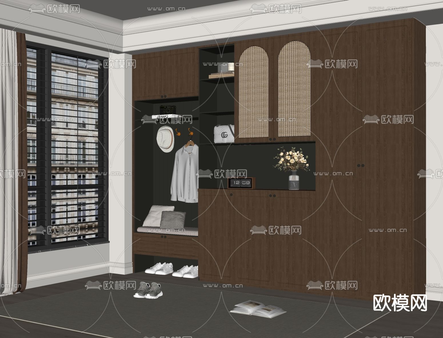 中古风鞋柜su模型下载（渲染图1）
