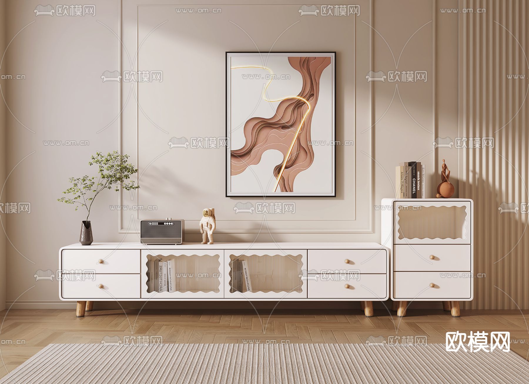 奶油风电视柜su模型下载（渲染图2）