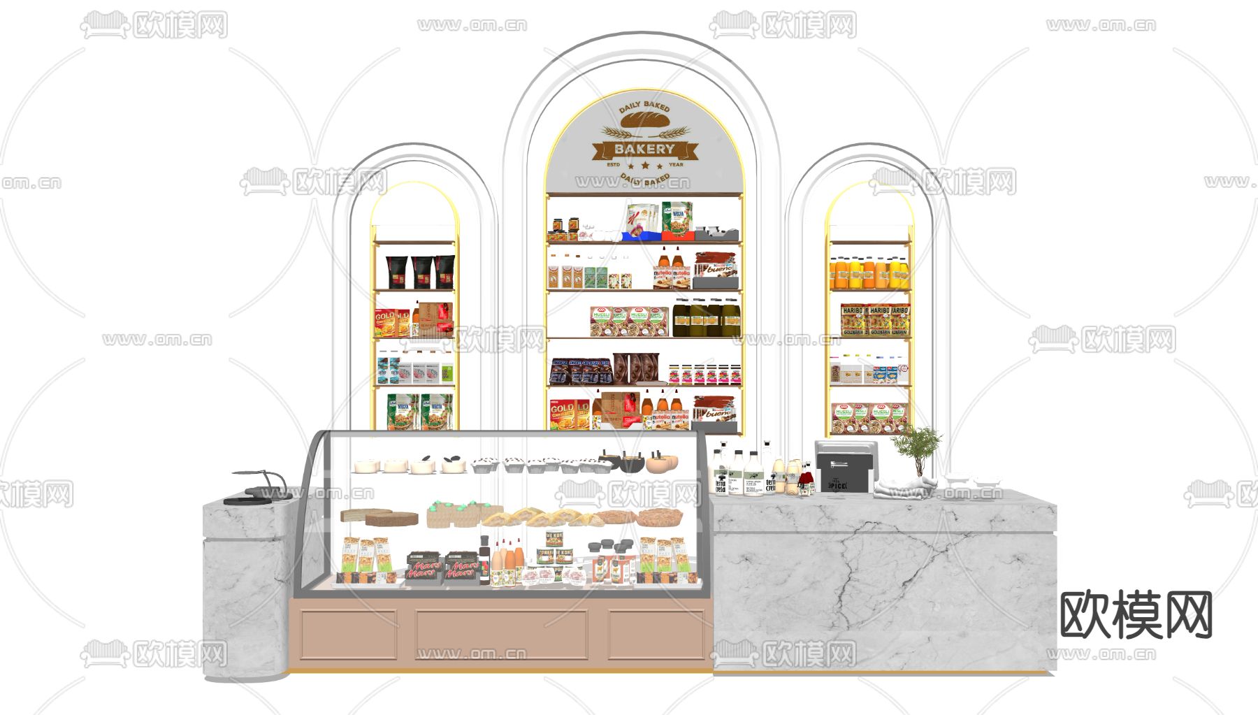 现代面包店 收银台 面包柜 货架su模型下载（渲染图1）