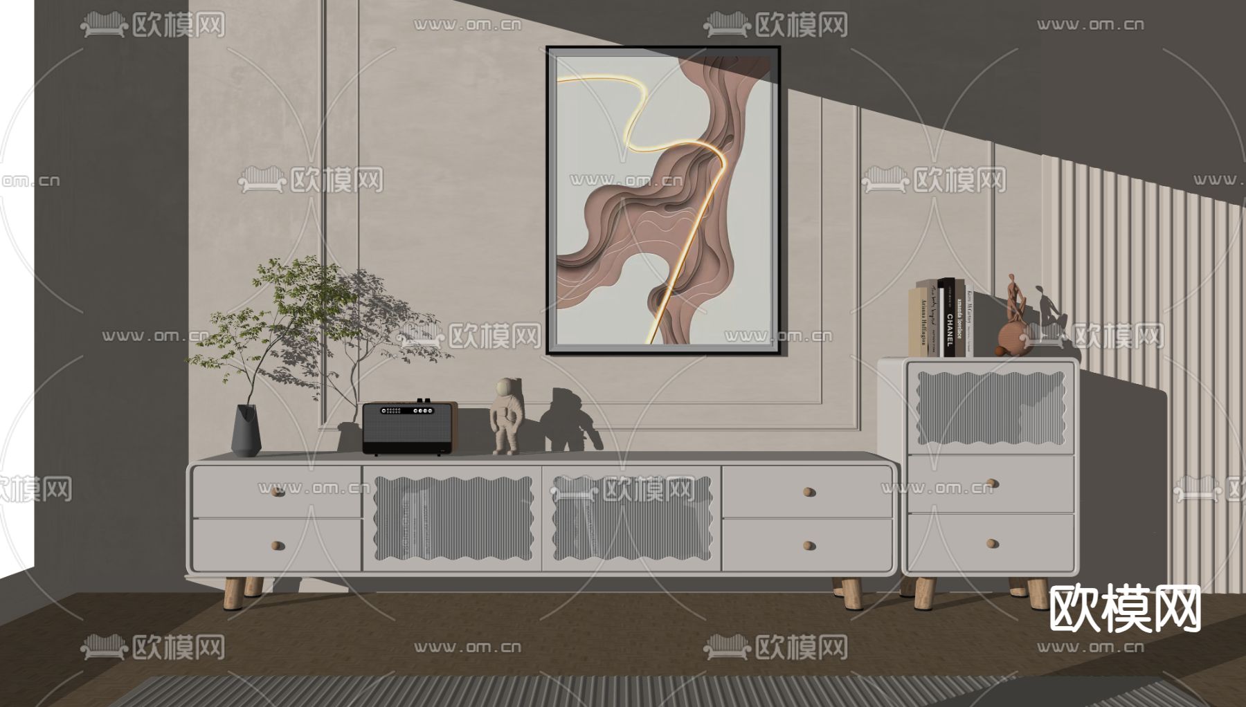 奶油风电视柜su模型下载（渲染图1）