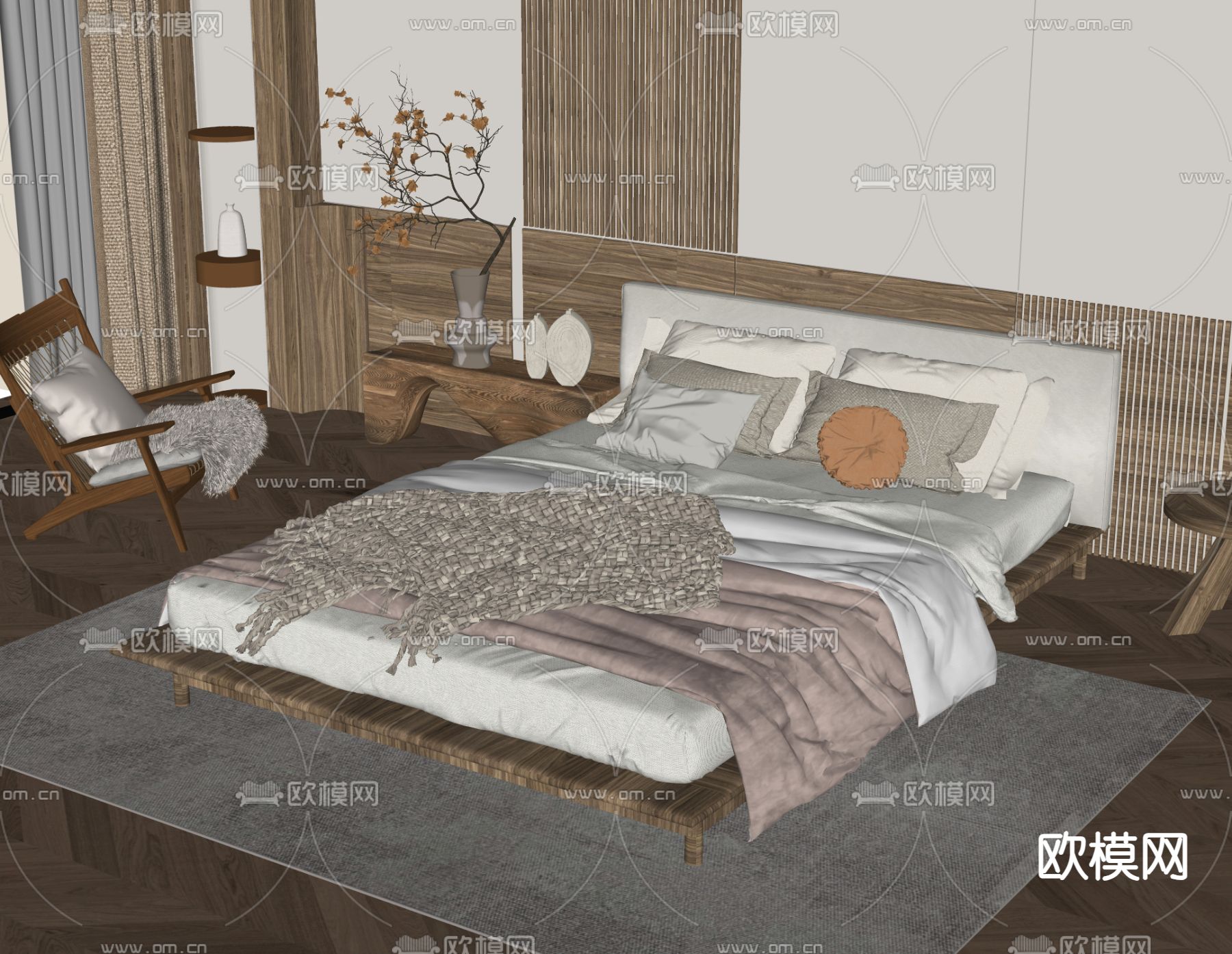 侘寂双人床su模型下载（渲染图1）