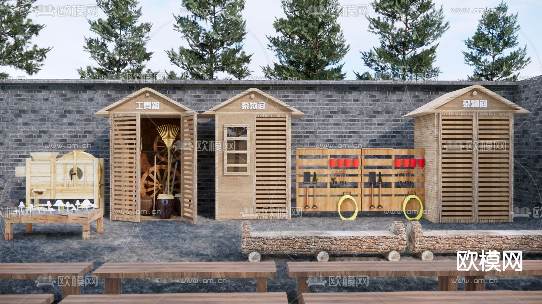 乡村工具房 农具收纳柜su模型下载（渲染图1）