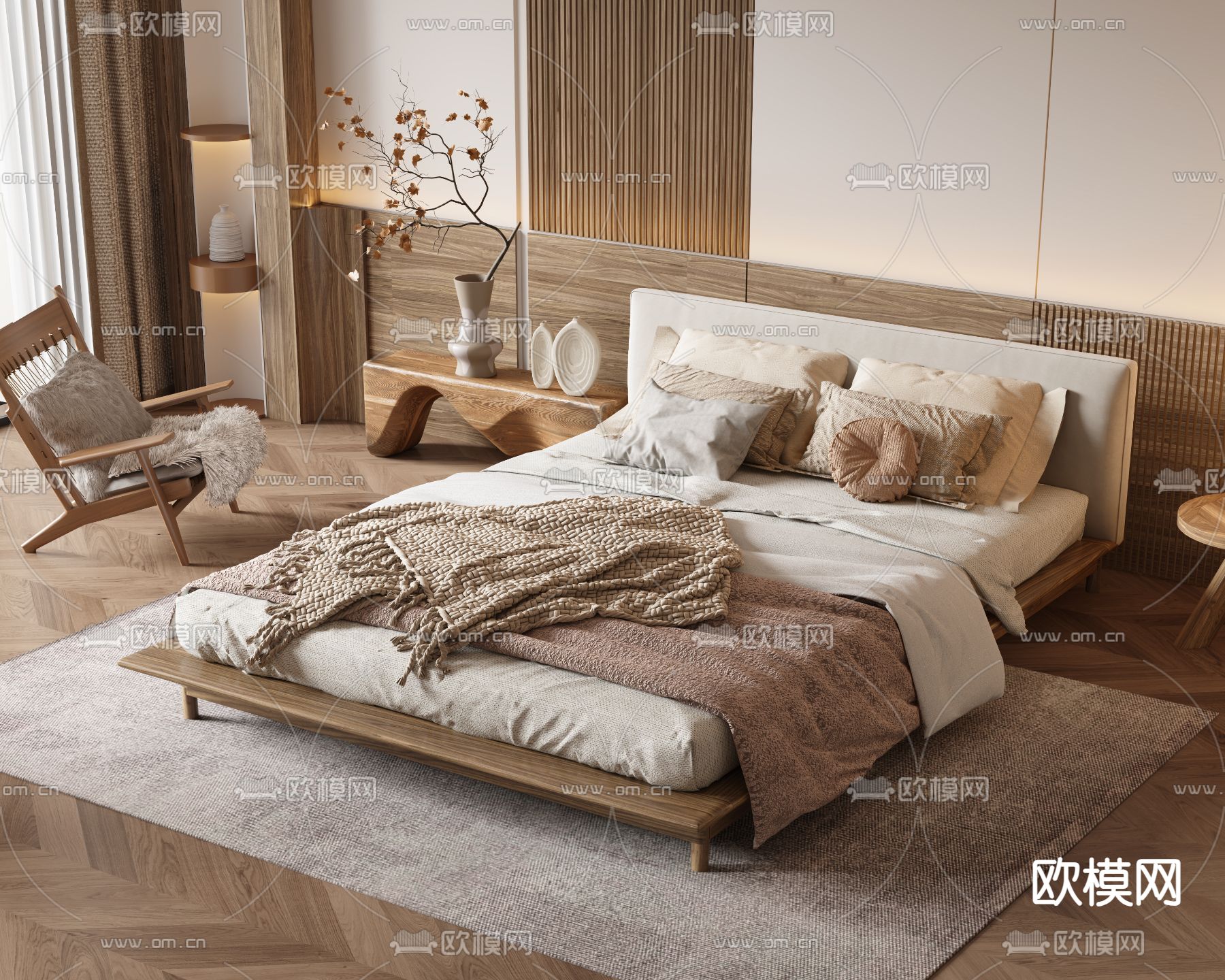 侘寂双人床su模型下载（渲染图3）