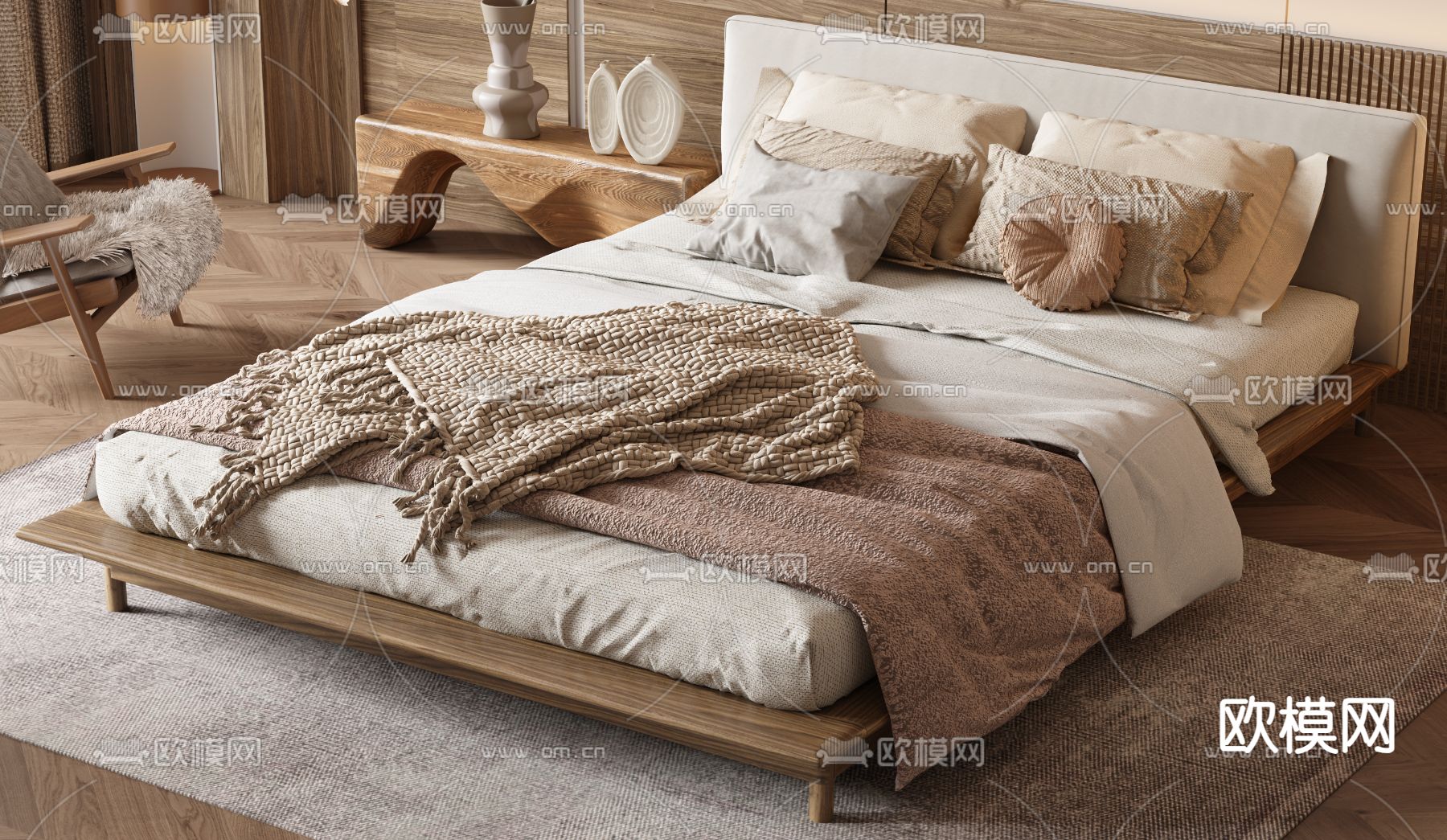 侘寂双人床su模型下载（渲染图2）