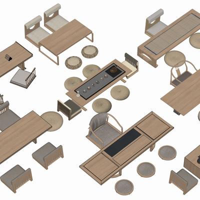 新中式榻榻米茶桌 榻榻米茶台su模型
