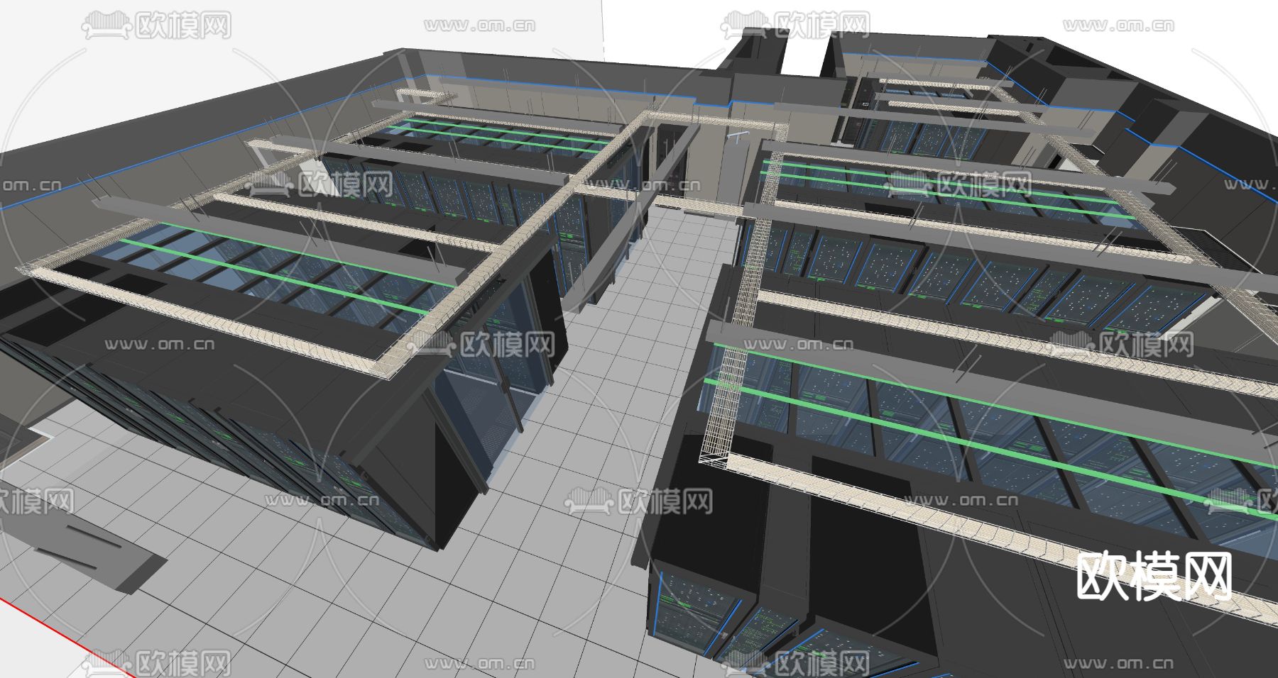 现代服务器 机房 弱电箱 服务器机柜 数据库su模型下载（渲染图1）