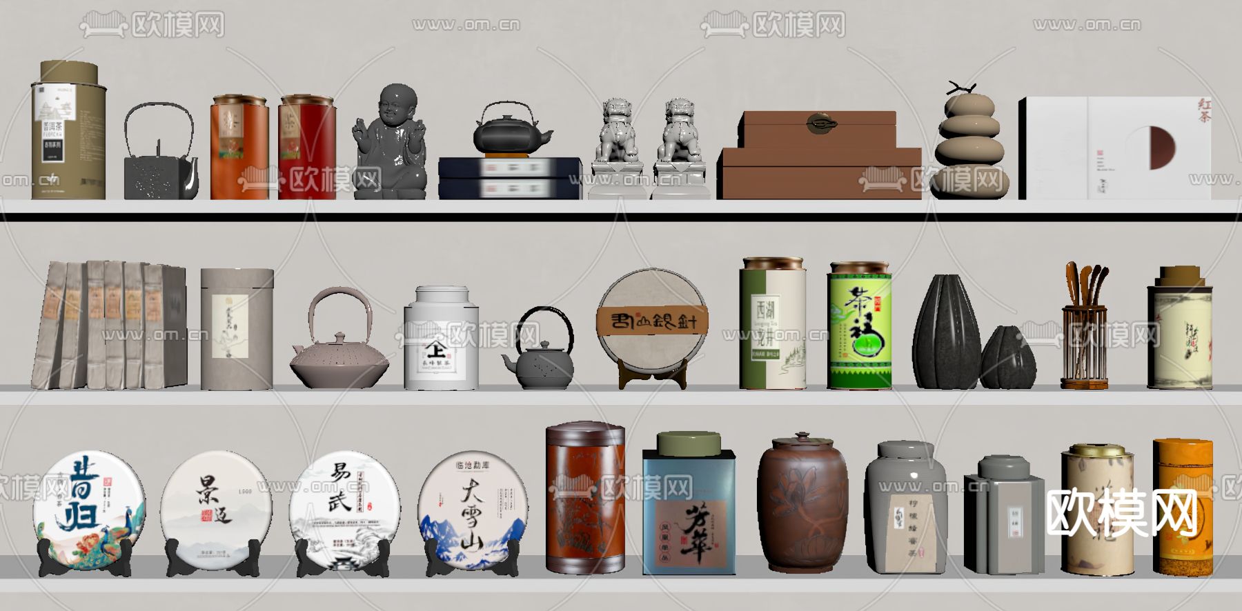 新中式茶叶罐 茶饼 茶壶su模型下载（渲染图1）