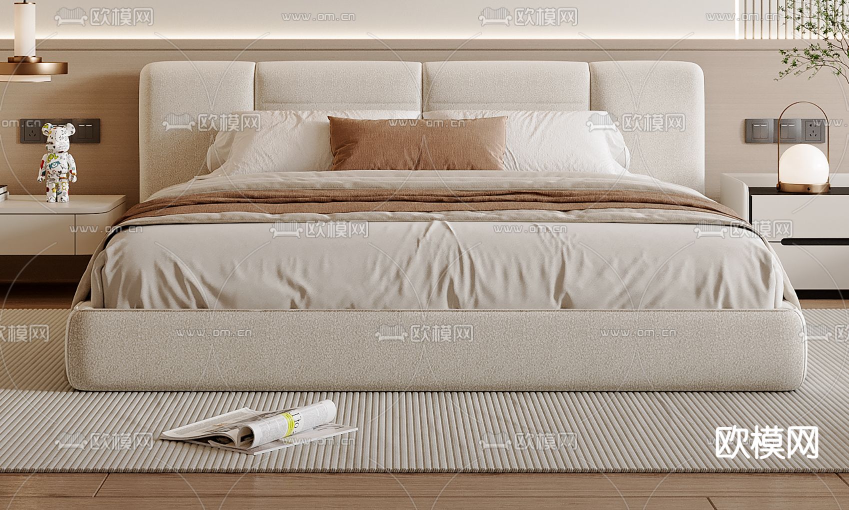 奶油风双人床su模型下载（渲染图2）