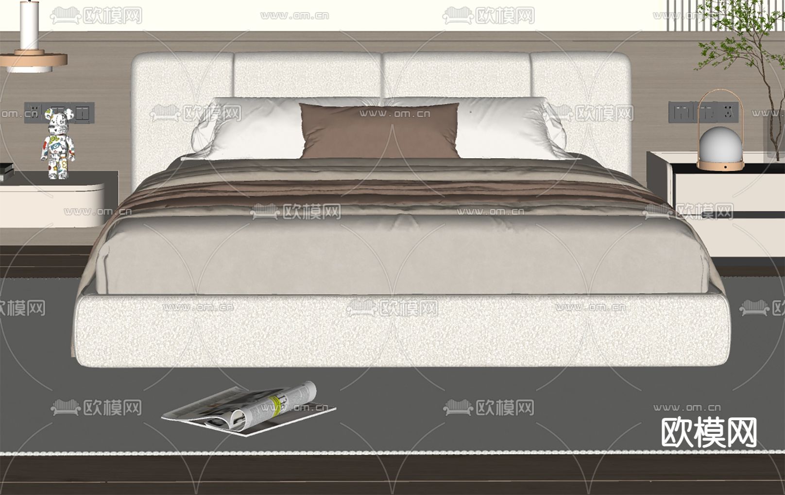 奶油风双人床su模型下载（渲染图1）