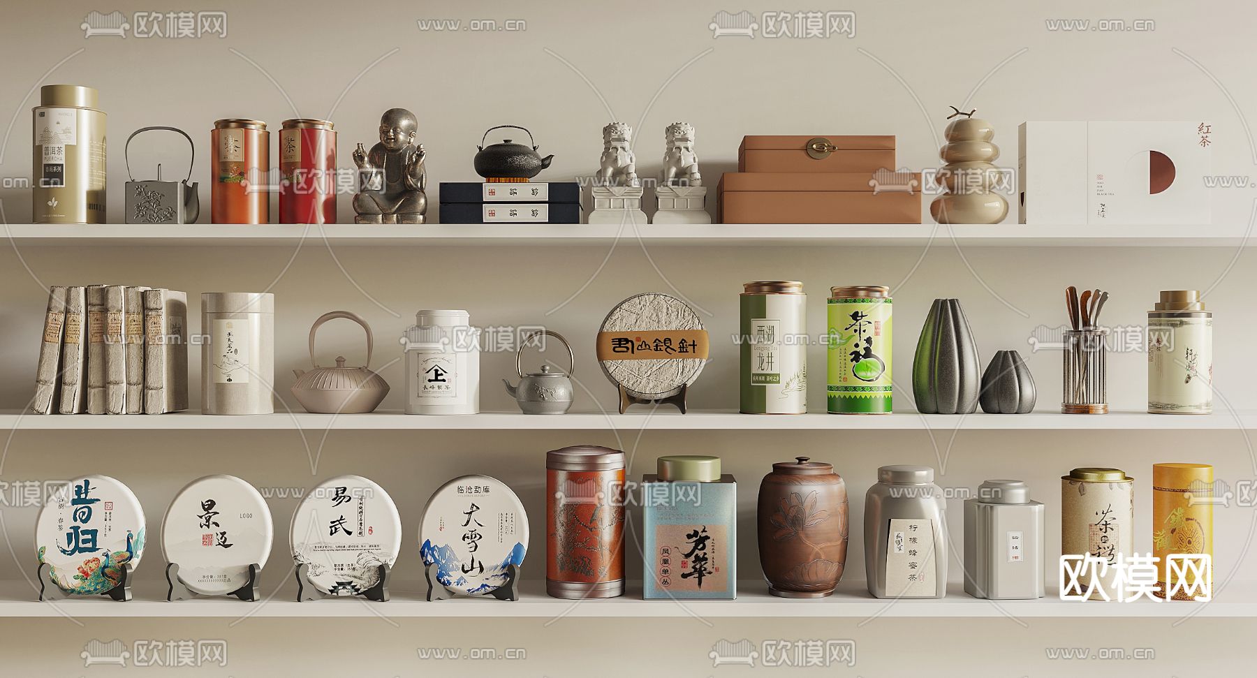 新中式茶叶罐 茶饼 茶壶su模型下载（渲染图2）