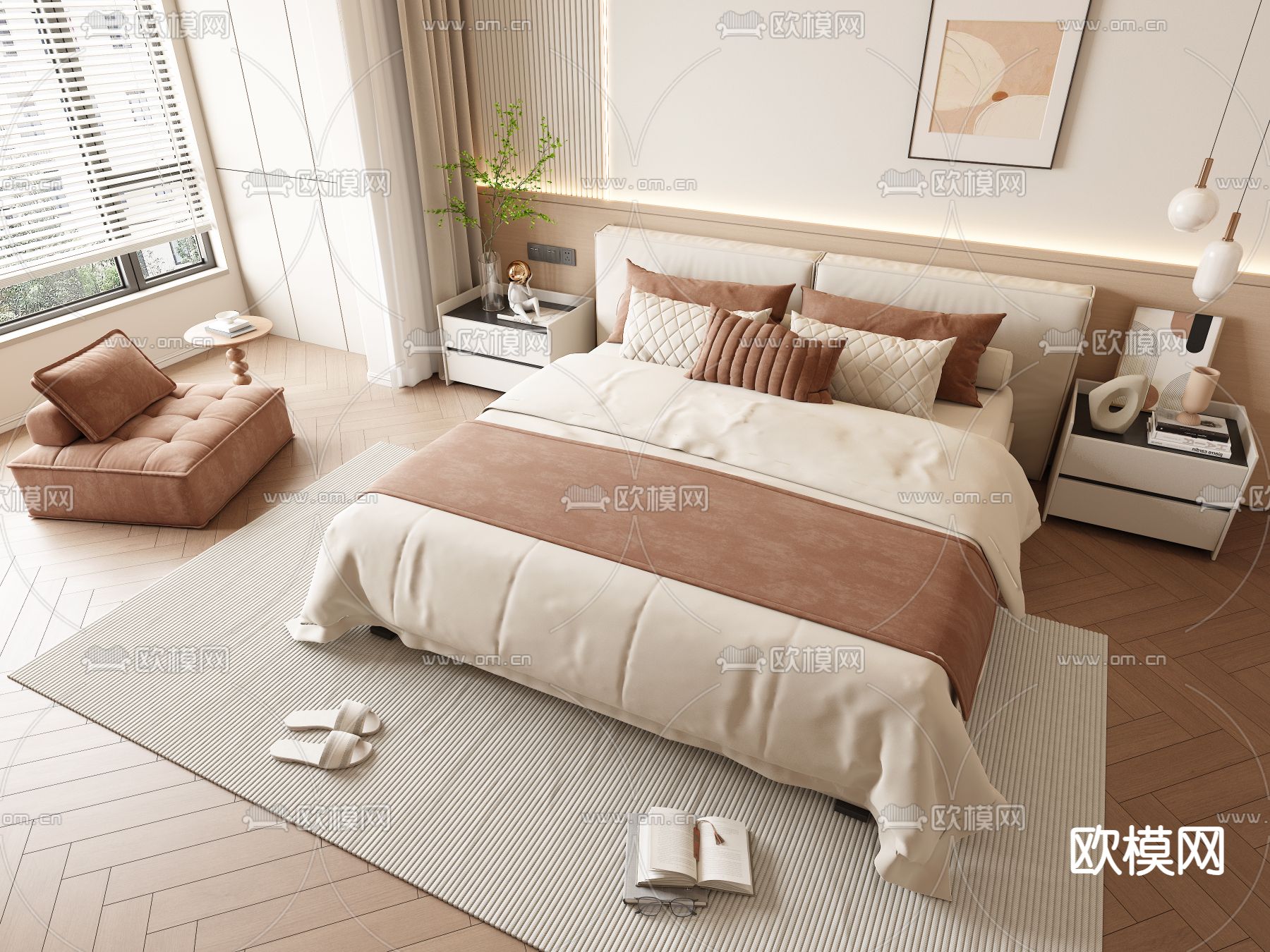 奶油风双人床su模型下载（渲染图2）