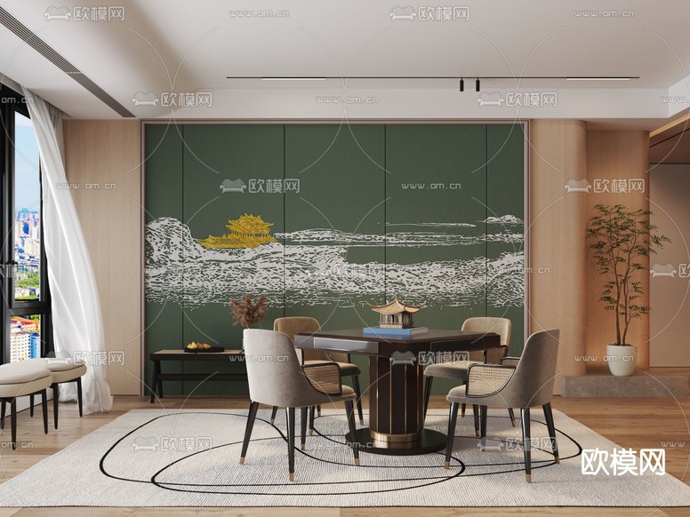 新中式棋牌室su模型下载(渲染图1)
