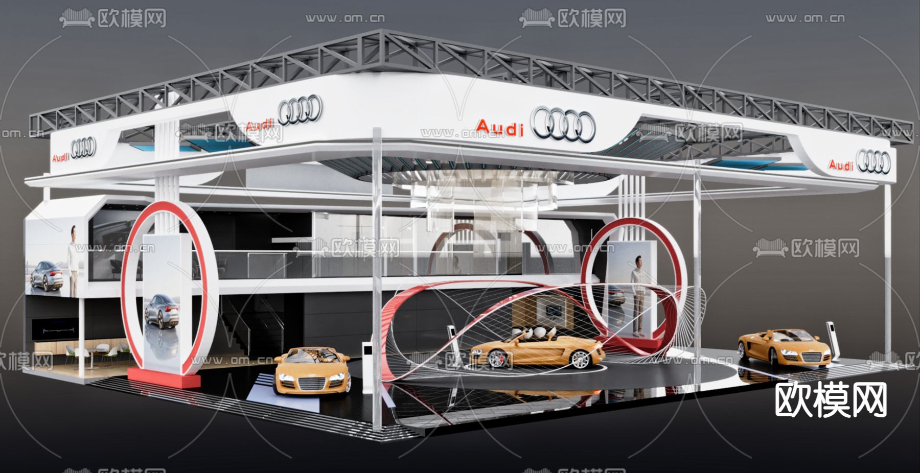 汽车展厅 车类展台 奥迪 轿车 展示架 广告牌su模型下载（渲染图4）