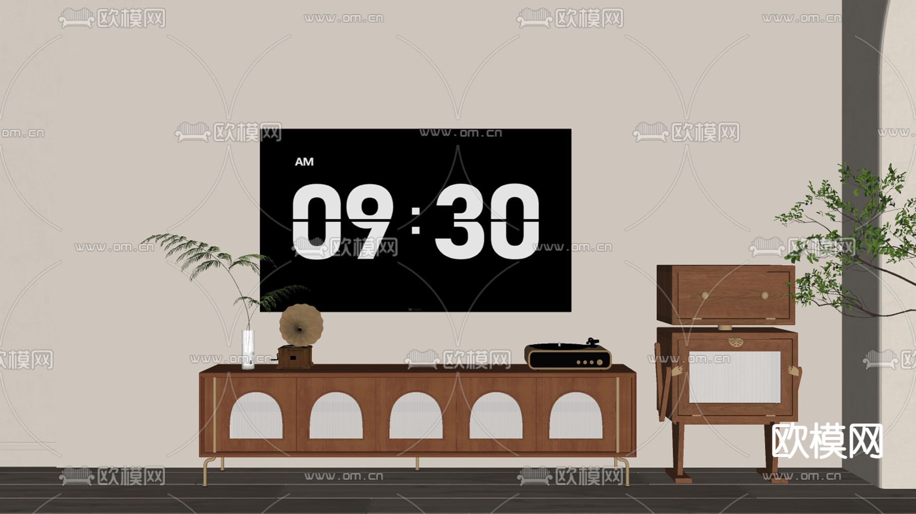 中古风电视柜su模型下载（渲染图1）
