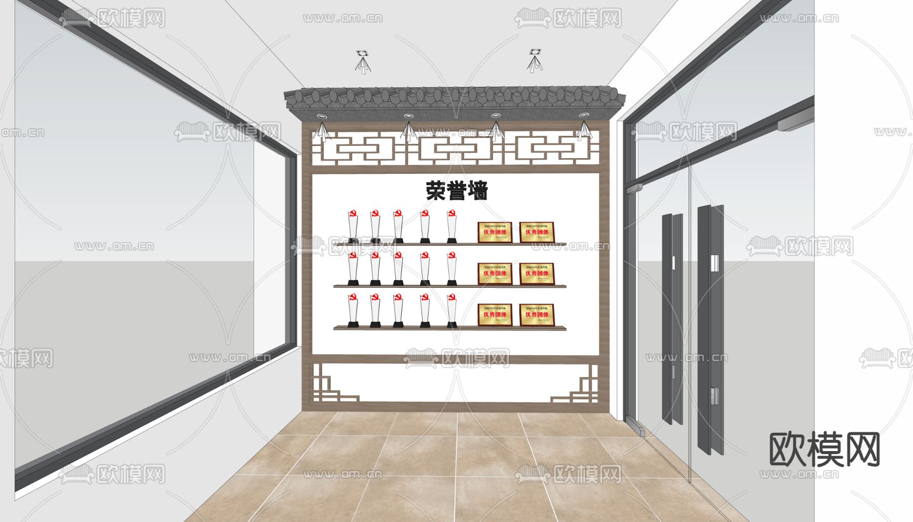 中式荣誉墙 文化墙su模型下载（渲染图2）