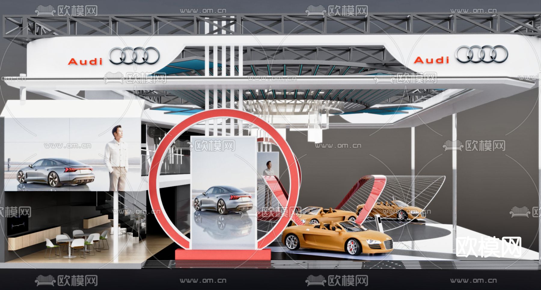 汽车展厅 车类展台 奥迪 轿车 展示架 广告牌su模型下载（渲染图3）