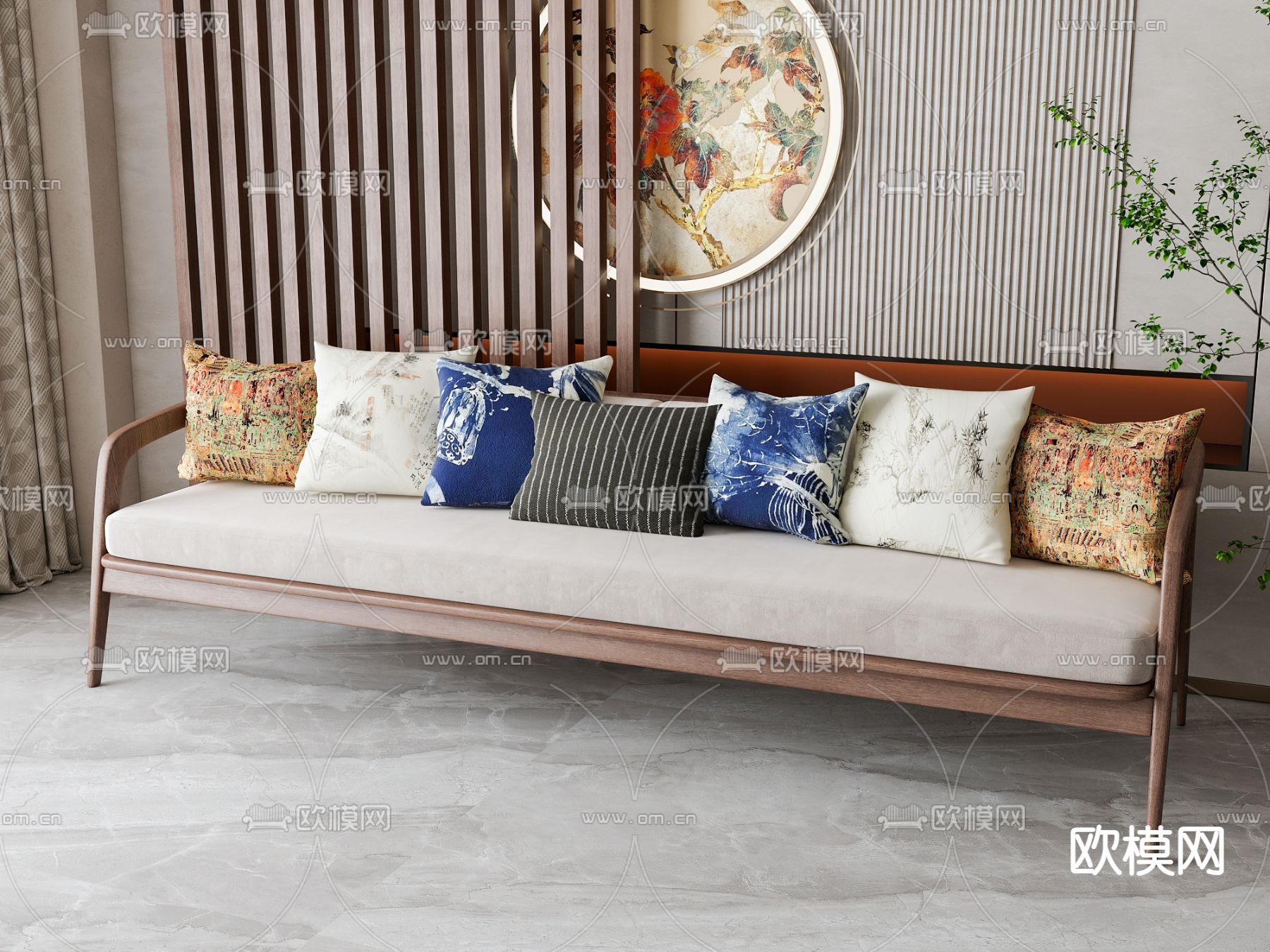 新中式多人沙发su模型下载（渲染图2）