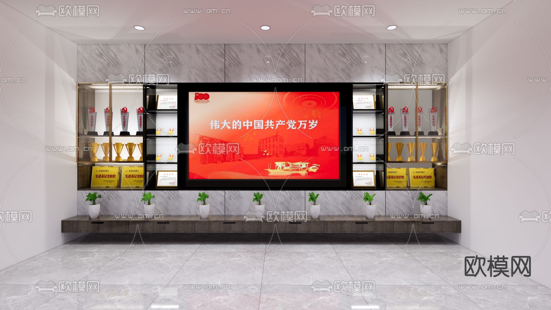 党建墙 电视柜su模型下载（渲染图2）