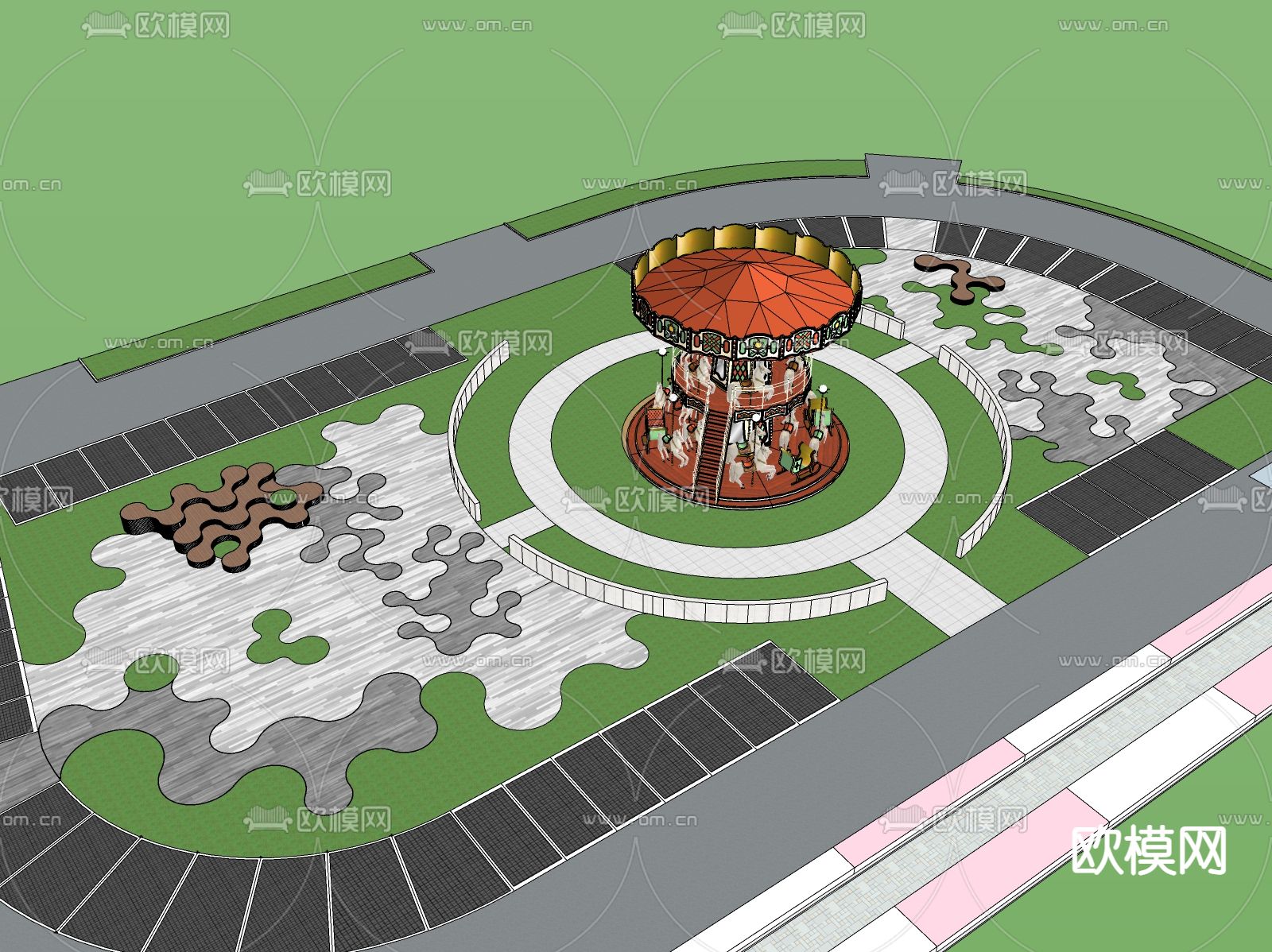 景观儿童游乐区 旋转木马su模型下载（渲染图1）