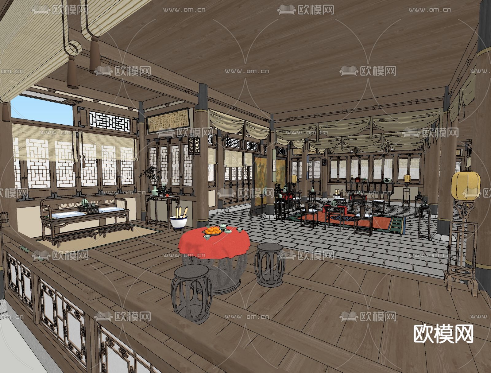 中式客厅 展厅su模型下载（渲染图1）