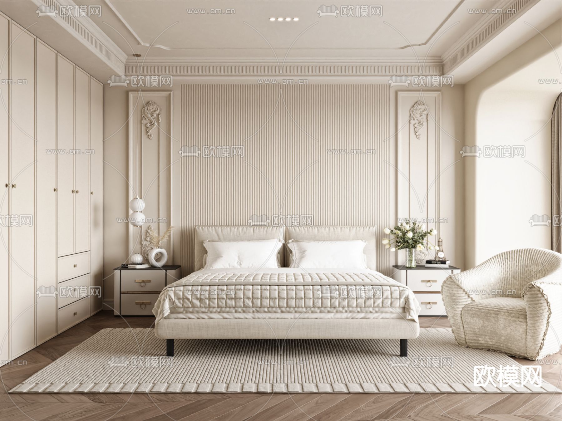 奶油风卧室 主人房su模型下载（渲染图2）